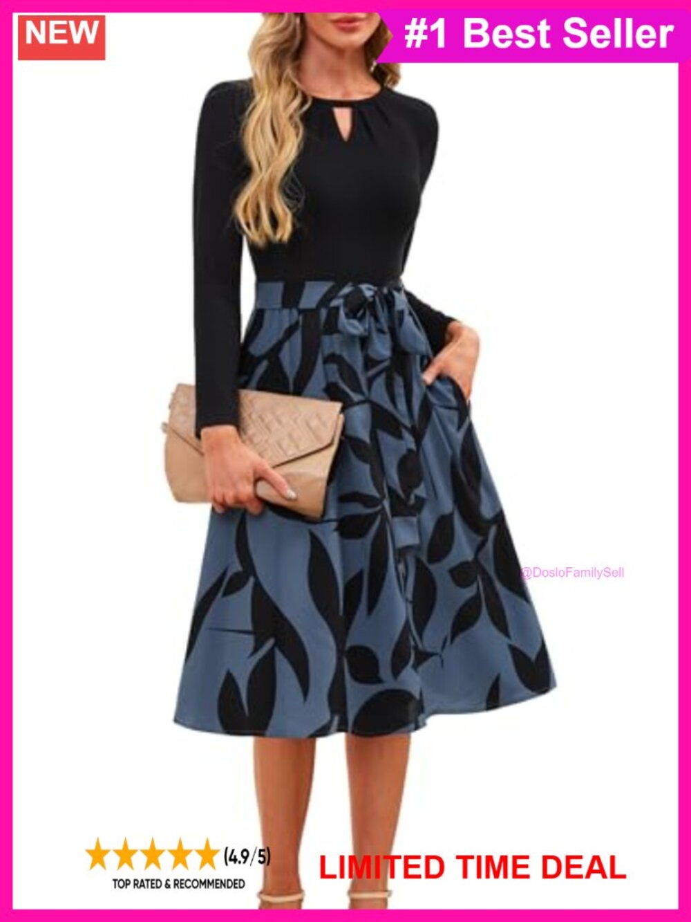 Ribbed Knit Long Sleeve Keyhole Midi Dress Pockets Waist Tie